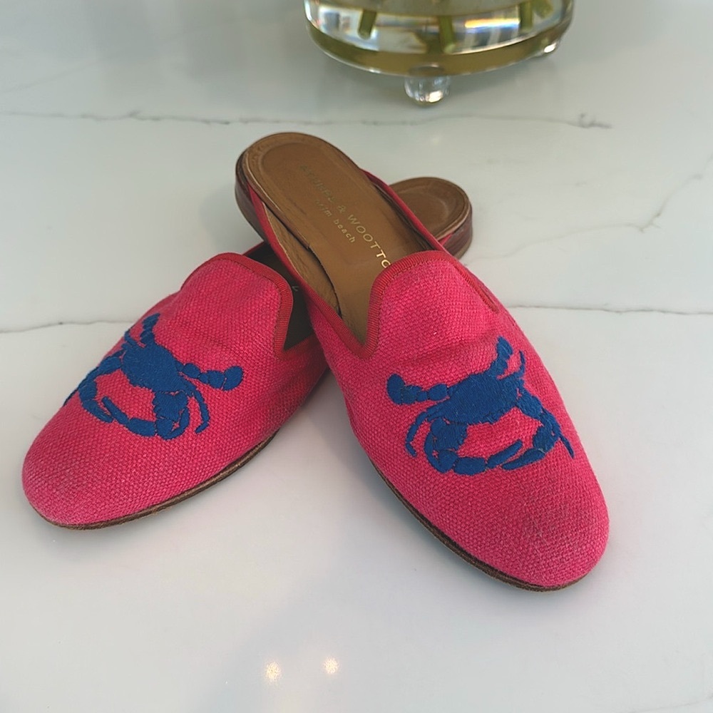 Stubbs & Wootton pink Slipper mules with blue needlepoint Crab Motif Size 9 - Picture 6 of 9